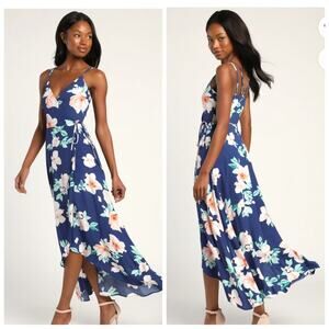 Lulus Blooming Bright Blue Floral Print High-Low Wrap Midi Dress